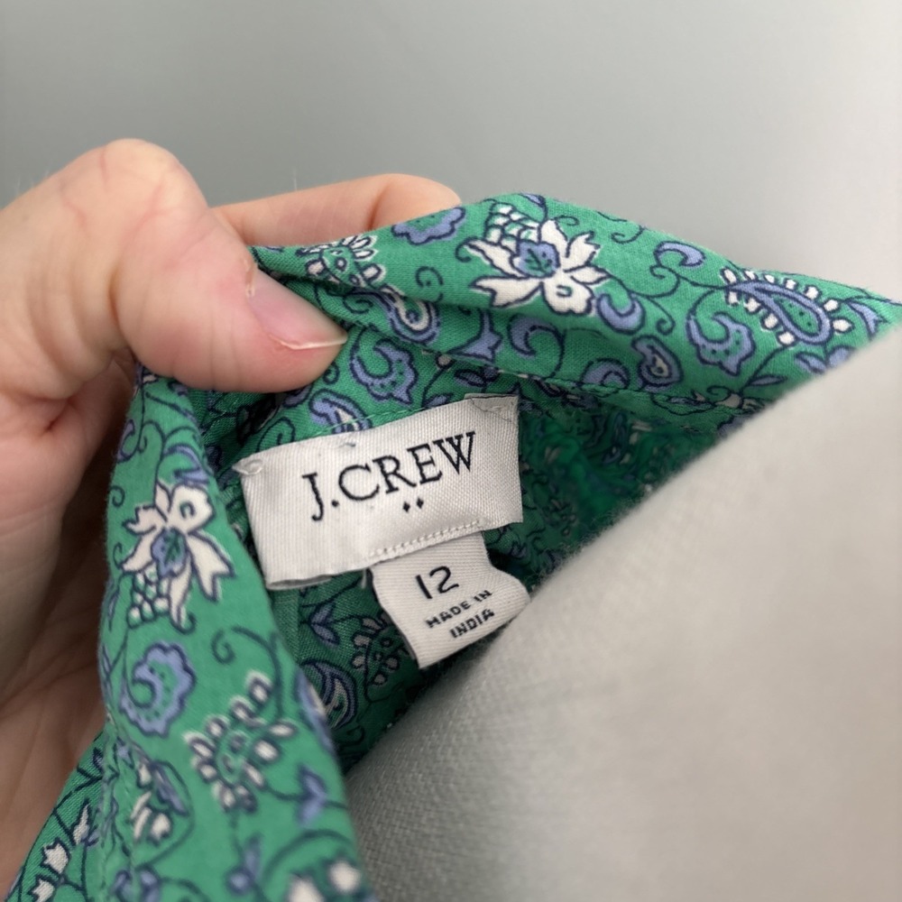 J. Crew Green Paisley Cotton Floral Printed Mini Shirt Dress Long Sleeve Size 12 - Picture 2 of 5